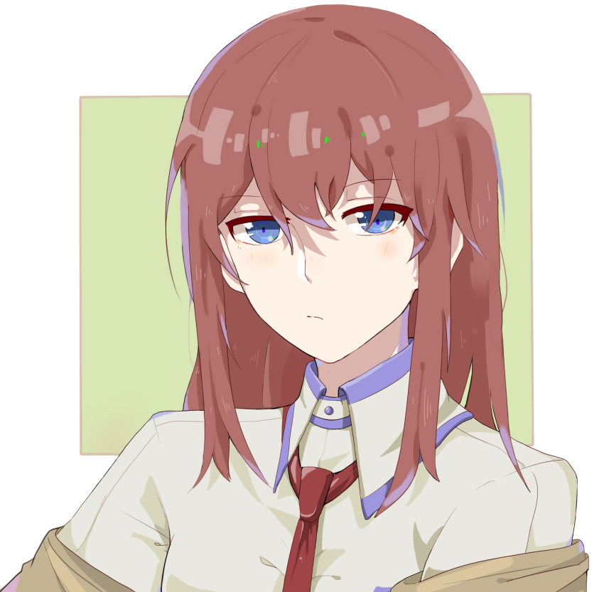 1girl blue_eyes blush brown_hair collared_shirt hair_between_eyes highres jacket long_hair looking_at_viewer makise_kurisu necktie off_shoulder portrait shirt solo steins;gate tojo_haku