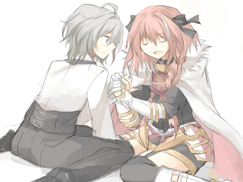 2boys absurdres armor armored_dress bangs black_legwear black_pants black_ribbon black_skirt blush boots braid cape closed_eyes commentary eyebrows_visible_through_hair fang fate/apocrypha fate/grand_order fate_(series) from_side garter_straps gauntlets hair_ornament hair_ribbon highres kiminitokimeki long_braid long_hair long_pants long_sleeves looking_at_another male_focus multicolored_hair multiple_boys pants pantyhose pink_hair red_eyes ribbon rider_of_black shirt shoes short_hair sieg_(fate/apocrypha) silver_hair single_braid sitting skirt thigh-highs thighhighs_under_boots thighs trap turtleneck two-tone_hair waistcoat white_footwear white_shirt yaoi