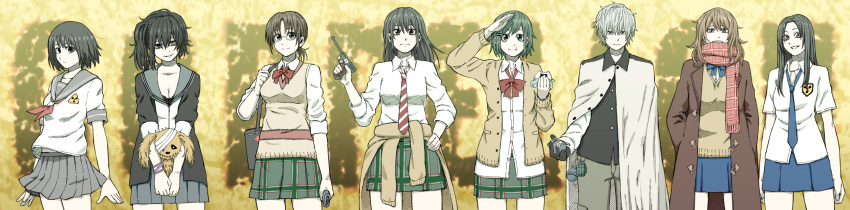 1boy 6+girls absurdres bag black_eyes black_hair blonde_hair blue_skirt bow bowtie bracelet breasts brown_eyes brown_hair cardigan cleavage clothes_around_waist coat coppelion copyright_name cowboy_shot explosive food fukasaku_aoi glasses green_eyes green_hair green_skirt grenade grin gun hand_on_hip handgun heterochromia highres ichikawa_meisa jewelry kurosawa_haruto long_hair long_image looking_at_viewer luger_p08 miniskirt multiple_girls naruse_ibara necktie nomura_taeko onigiri ozu_kanon ozu_shion pale_skin plaid plaid_scarf plaid_skirt pleated_skirt radiation_symbol scarf school_uniform serafuku short_hair short_ponytail short_sleeves shoulder_bag side_ponytail silver_hair skirt sleeves_rolled_up smile striped_neckwear stuffed_animal stuffed_bunny stuffed_toy sweater_vest tsuburaya_mana tuskryo weapon wide_image yellow_background