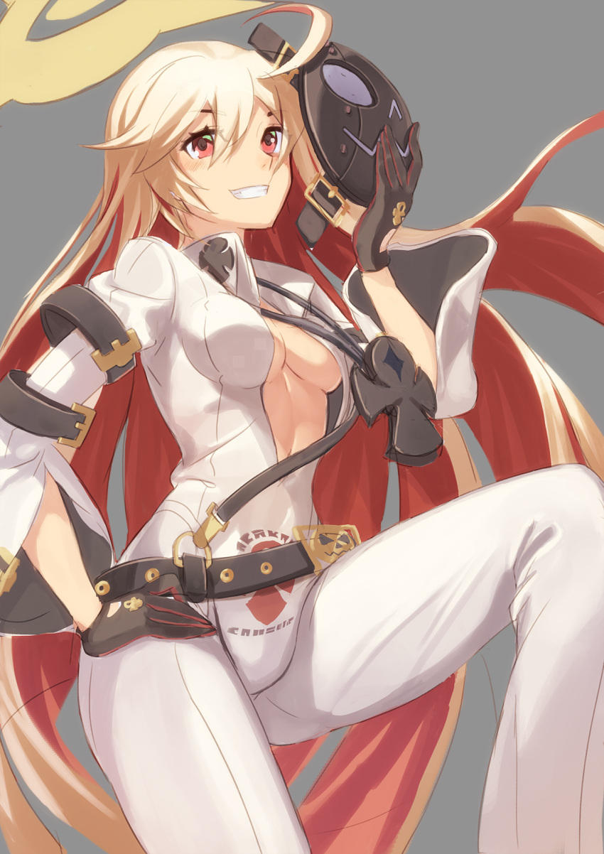 1girl ahoge ankh belt bodysuit breasts cleavage commentary_request grin guilty_gear guilty_gear_xrd halo hand_on_hip highres jack-o_(guilty_gear) jewelry kty_(jarijarikun) leg_up long_hair looking_at_viewer mask mask_removed medium_breasts multicolored_hair no_bra pendant red_eyes redhead smile solo two-tone_hair white_hair wide_sleeves