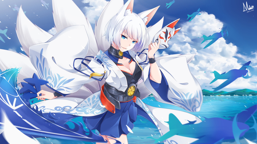 1girl aircraft airplane animal_ears artist_name azur_lane bangs blue_eyes blue_skirt blue_sky breasts clouds cloudy_sky commentary_request day fox_ears fox_mask hakama_skirt highres holding holding_mask japanese_clothes kaga_(azur_lane) kimono kitsune looking_at_viewer masabodo mask ocean open_clothes open_kimono outdoors parted_lips pleated_skirt revision short_hair skirt sky small_breasts smile solo tsurime white_hair white_kimono