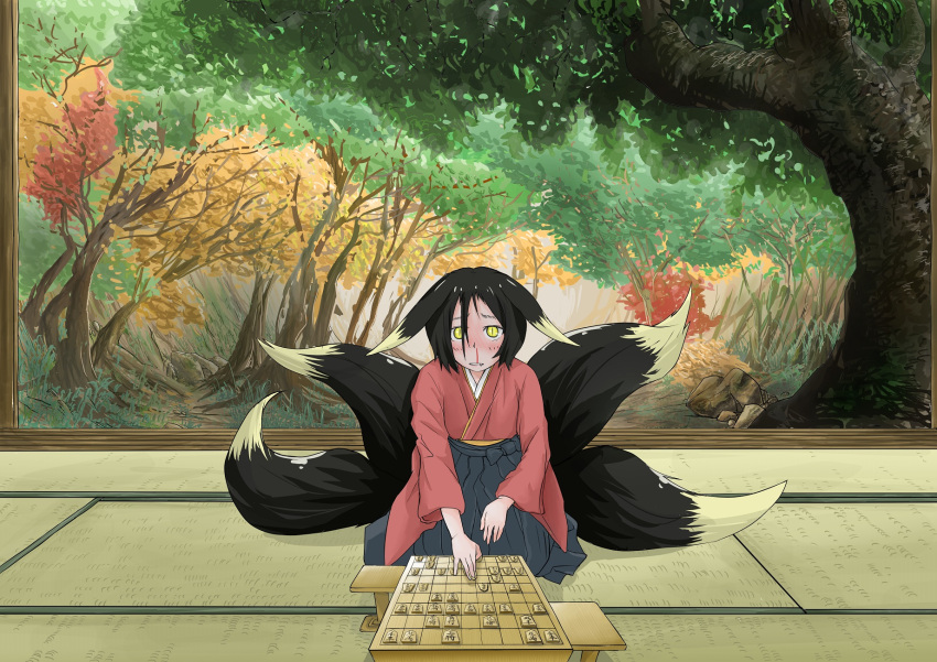 1girl animal_ears black_hair blood blue_hakama blush board_game commentary_request doitsuken fang fang_out forest fox_ears fox_tail hakama highres japanese_clothes long_sleeves looking_at_viewer multiple_tails nature nosebleed original parted_lips playing_games pov pov_across_table scenery seiza shougi sitting sliding_doors slit_pupils solo tail tree veranda wide_sleeves yellow_eyes