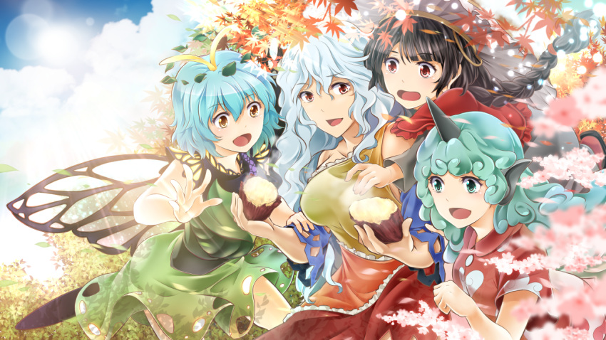 4girls ajirogasa animal_ears aqua_hair arkatopia autumn autumn_leaves bangs black_hair blue_hair blue_sky braid breasts brown_eyes butterfly_wings capelet clouds collared_shirt commentary_request curly_hair day dress eternity_larva food green_dress green_eyes hat horn komano_aun large_breasts lens_flare long_hair multicolored multicolored_clothes multicolored_dress multiple_girls outdoors red_eyes red_shirt sakata_nemuno seasons shirt short_dress short_hair short_sleeves single_braid single_strap sky small_breasts smile spring_(season) summer sun sweet_potato touhou wing_collar wings winter yatadera_narumi