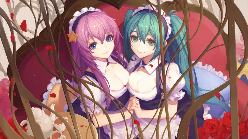 2girls ahoge alternate_costume apron aqua_hair black_dress blue_eyes breasts cleavage closed_mouth cup dress enmaided flower green_eyes hand_holding hatsune_miku highres interlocked_fingers long_hair looking_at_viewer maid maid_headdress medium_breasts megurine_luka multiple_girls petals puffy_short_sleeves puffy_sleeves purple_hair red_rose rose short_sleeves smile teacup teapot twintails upper_body vocaloid waist_apron youxuemingdie