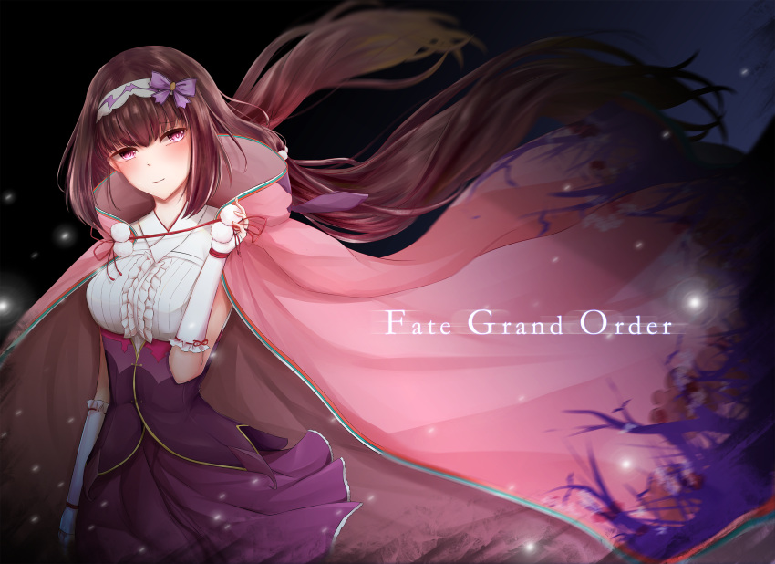 1girl arm_warmers blush breasts brown_hair cloak copyright_name fate/grand_order fate_(series) head_tilt highres hood hood_down hooded_cloak large_breasts light_smile long_hair looking_at_viewer osakabe-hime_(fate/grand_order) purple_skirt skirt slime_(user_jpds8754) solo twintails violet_eyes