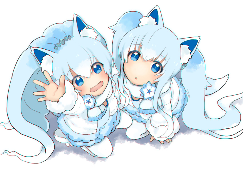 2girls :d alolan_vulpix animal_ears arm_up blue_eyes child fox_ears from_above ituyakitori kneeling long_hair looking_at_viewer multiple_girls open_mouth personification pokemon smile tail