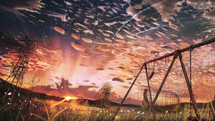 absurdres banishment clouds cloudy_sky commentary_request field grass highres no_humans original outdoors ruins scenery sky sun sunset swing transmission_tower