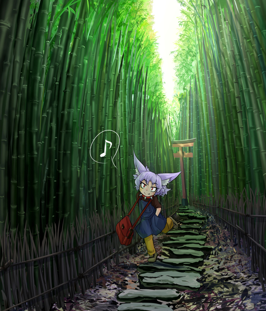 1girl animal_ears bag bamboo bamboo_forest blush brown_shirt closed_mouth collar commentary_request day doitsuken fang fang_out forest hands_in_pockets head_tilt highres long_hair looking_at_viewer musical_note nature original outdoors overalls pants path purple_hair red_eyes road shirt shoes short_hair shoulder_bag sky slit_pupils smile solo spiked_collar spikes spoken_musical_note standing standing_on_one_leg torii walking