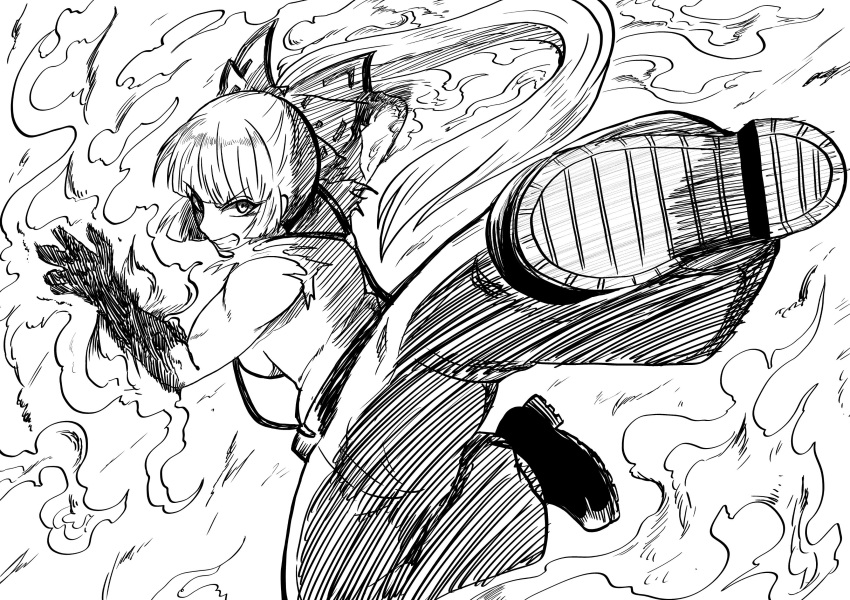 1girl absurdres bangs blunt_bangs boots bow burning_hand clenched_teeth fire flying_kick foreshortening fujiwara_no_mokou greyscale hair_bow highres himajin_no_izu kicking long_ponytail looking_at_viewer monochrome muscle muscular_female open_hand shirt short_hair sleeveless sleeveless_shirt solo suspenders teeth torn_clothes torn_sleeves touhou
