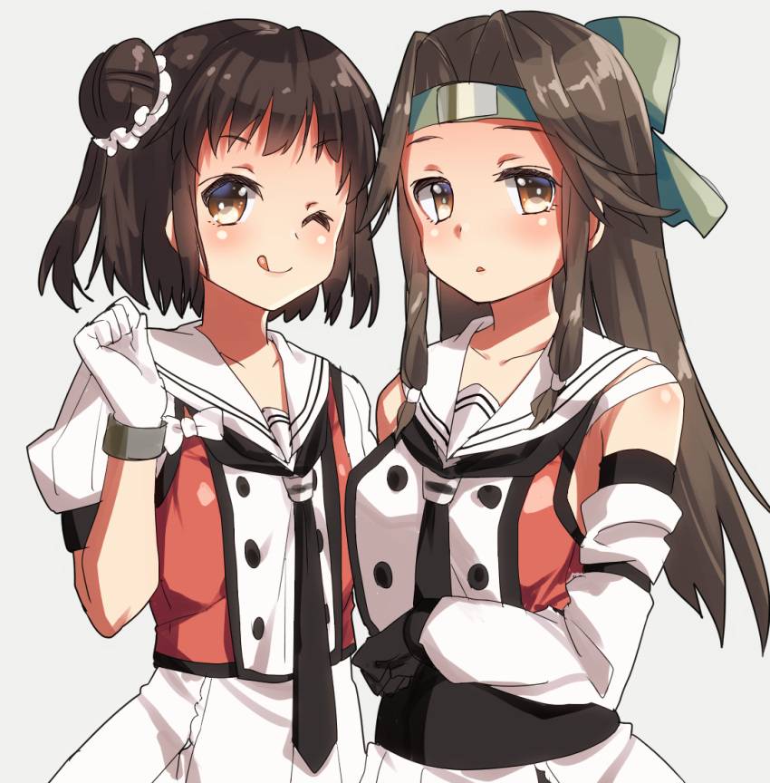 2girls black_gloves black_neckwear brown_eyes brown_hair collarbone double_bun gloves grey_background hair_intakes half_updo headband jintsuu_(kantai_collection) kantai_collection keita_(tundereyuina) long_hair multiple_girls naka_(kantai_collection) necktie one_eye_closed open_mouth puffy_short_sleeves puffy_sleeves sailor_collar school_uniform serafuku short_hair short_sleeves simple_background smile tongue tongue_out white_gloves white_sailor_collar
