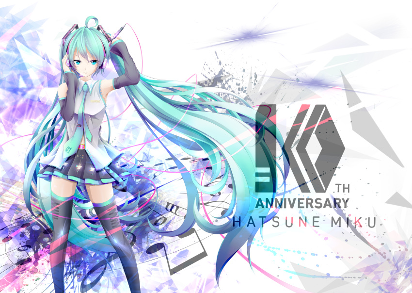 1girl ahoge black_footwear black_skirt blue_eyes blue_hair blue_neckwear boots detached_sleeves floating_hair grey_shirt hair_ornament hatsune_miku headphones highres holding holding_microphone microphone miniskirt musical_note pleated_skirt shirt skirt sleeveless sleeveless_shirt solo sparkle standing thigh-highs thigh_boots twintails vocaloid
