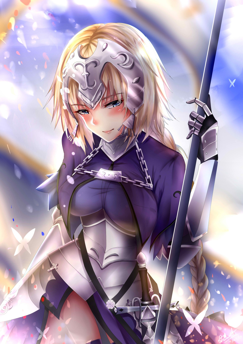 1girl absurdres armor armored_boots armored_dress blonde_hair blue_eyes blush boots braid breasts butterfly capelet chains donatsu_(donut007008) fate/apocrypha fate/grand_order fate_(series) faulds flag flagpole gauntlets head_tilt headpiece highres long_braid long_hair looking_at_viewer medium_breasts ruler_(fate/apocrypha) single_braid solo sword weapon