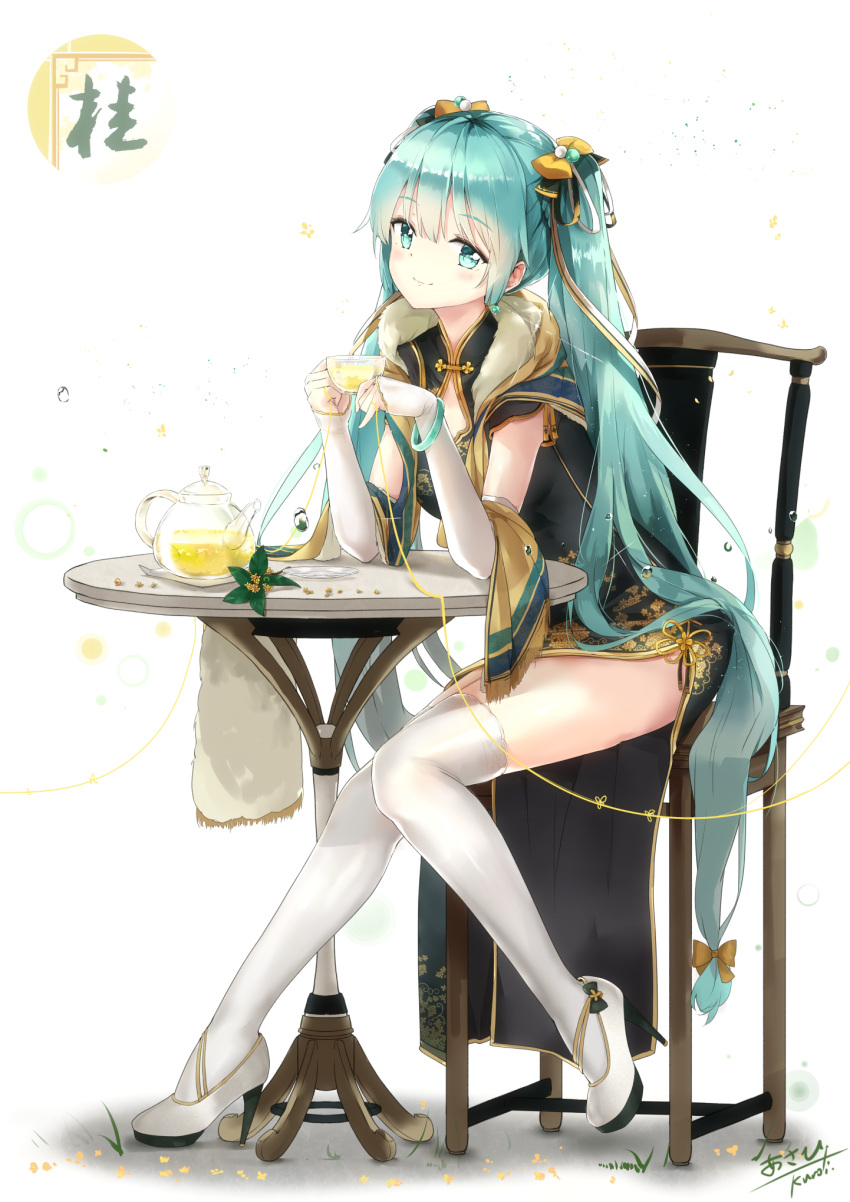 1girl aqua_eyes aqua_hair bangs bracelet chair china_dress chinese_clothes commentary_request cup detached_sleeves dress full_body hatsune_miku high_heels highres jewelry k.syo.e+ long_hair revision see-through sitting solo table teacup teapot thigh-highs twintails very_long_hair vocaloid white_legwear