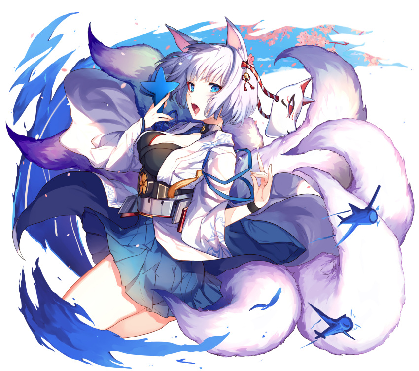 1girl abusoru aircraft airplane animal_ears azur_lane bell belt blue_eyes blue_ribbon blue_skirt breasts cleavage fox_ears fox_mask fox_shadow_puppet fox_tail hair_bell hair_ornament highres kaga_(azur_lane) kyuubi large_breasts mask miniskirt multiple_tails open_mouth pleated_skirt ribbon short_hair skirt solo tail tassel white_background white_hair wide_sleeves wrist_cuffs