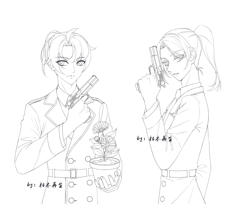 2boys absurdres artist_name belt closed_mouth collared_shirt daisy flower gun hand_up handgun highres holding holding_flower_pot holding_gun holding_weapon jacket kumu_zaisheng lineart looking_at_viewer male_focus medium_hair monochrome multiple_boys necktie parted_lips peashooter_(plants_vs_zombies) personification plants_vs_zombies ponytail shirt sky snow_pea_(plants_vs_zombies) upper_body weapon