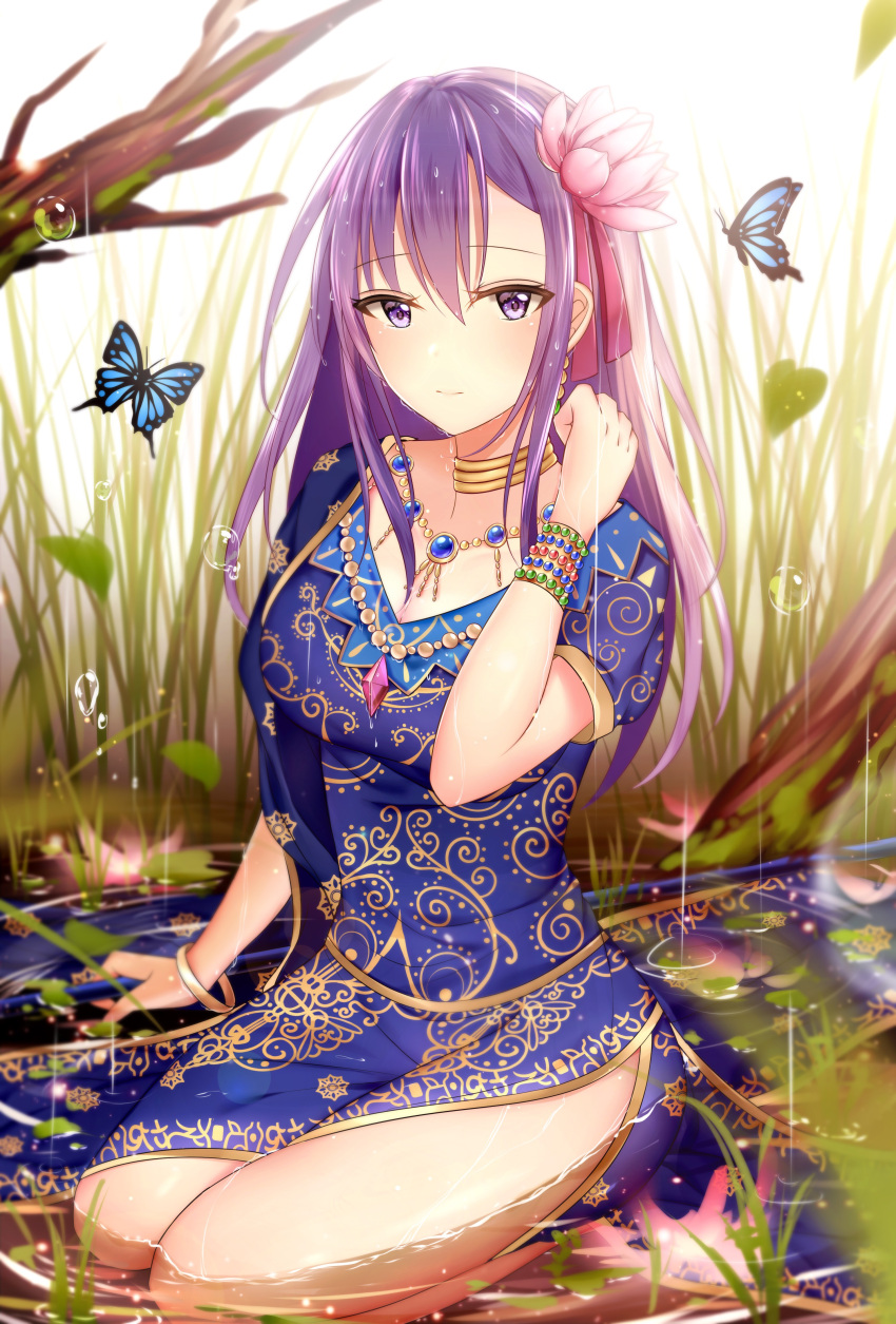1girl absurdres blurry breasts butterfly depth_of_field fate/grand_order fate_(series) flower hair_flower hair_ornament highres indian_clothes jewelry junpaku_karen large_breasts leaf long_hair looking_at_viewer matou_sakura necklace partially_submerged parvati_(fate/grand_order) purple_hair rain ripples side_slit solo violet_eyes water