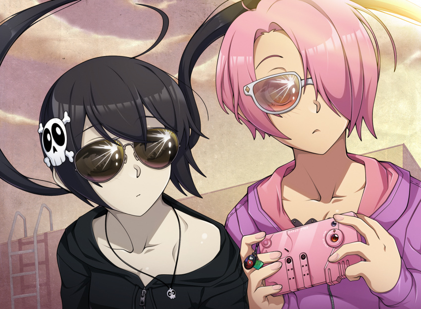 2girls amika_heartome aviator_sunglasses black_hair breasts casual cellphone commentary dead_dead_demons_de_dedede_destruction expressionless fearless_night flat_chest hair_ornament hair_over_one_eye hood hood_down hoodie jewelry long_hair low_twintails multiple_girls pale_skin parody pendant phone pink_hair poco_muerte short_hair skull_hair_ornament small_breasts smartphone spike_wible sunglasses twintails very_long_hair
