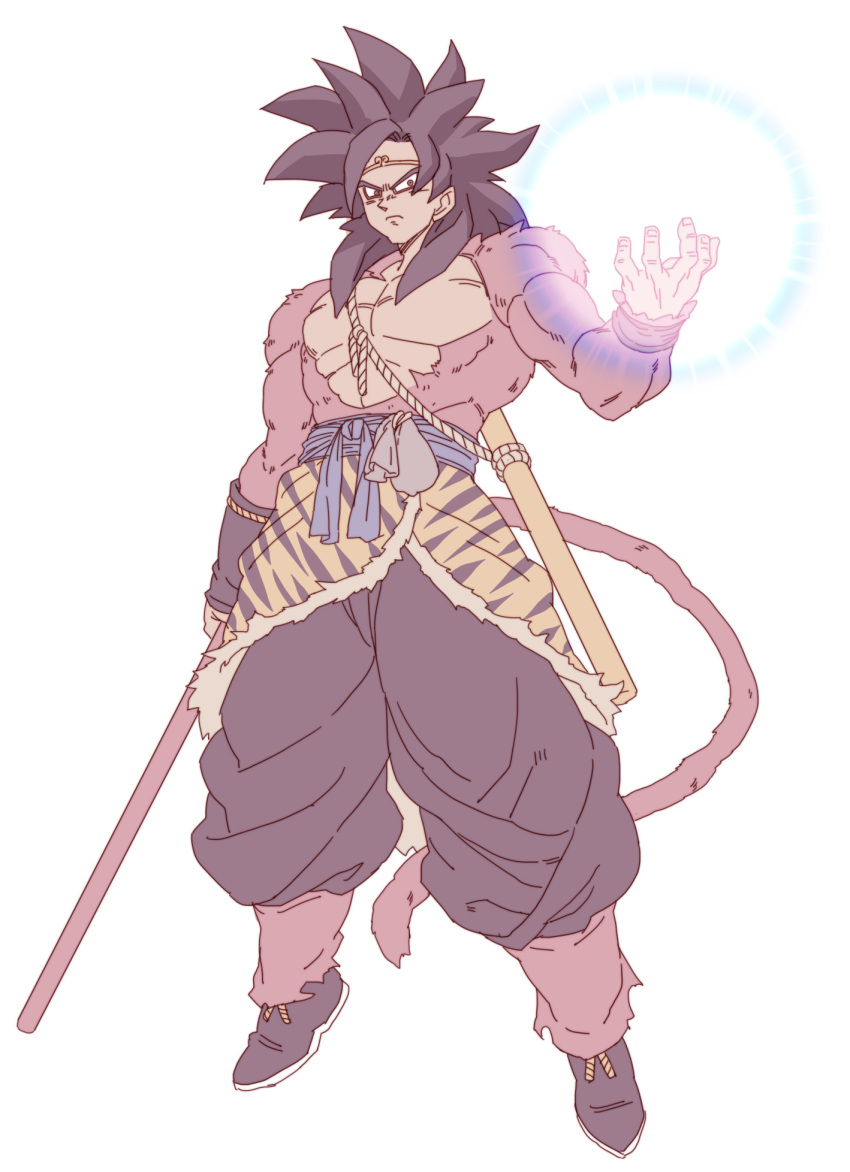 1boy black_hair boots dragon_ball dragon_ball_gt energy_ball full_body fur headband highres holding holding_staff looking_at_viewer monkey_tail pants power_pole puffy_pants sash simple_background solo son_gokuu spiky_hair staff super_saiyan super_saiyan_4 tail tasaka_shinnosuke topless white_background