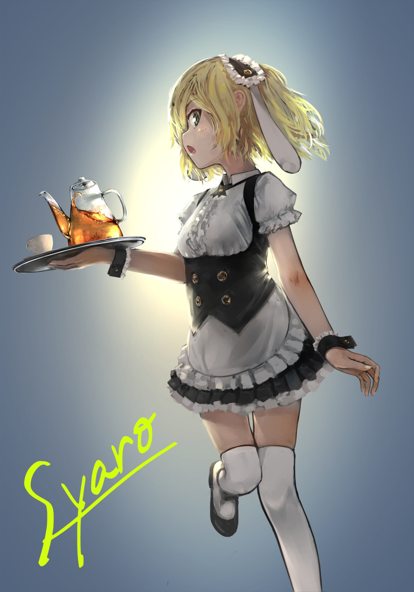 1girl 7nm :o absurdres animal_ears apron bangs black_footwear black_neckwear black_skirt blonde_hair bolo_tie breasts center_frills character_name collared_shirt commentary_request cup eyebrows_visible_through_hair fake_animal_ears fleur_de_lapin_uniform floppy_ears frilled_apron frilled_cuffs frilled_shirt frilled_skirt frills gochuumon_wa_usagi_desu_ka? gradient gradient_background green_eyes highres holding holding_tray kettle kirima_sharo looking_at_viewer maid_headdress miniskirt open_mouth puffy_short_sleeves puffy_sleeves rabbit_ears saucer shirt short_hair short_sleeves simple_background skirt small_breasts solo standing standing_on_one_leg tea thigh-highs tray two-tone_background underbust white_apron white_legwear white_shirt wing_collar wrist_cuffs