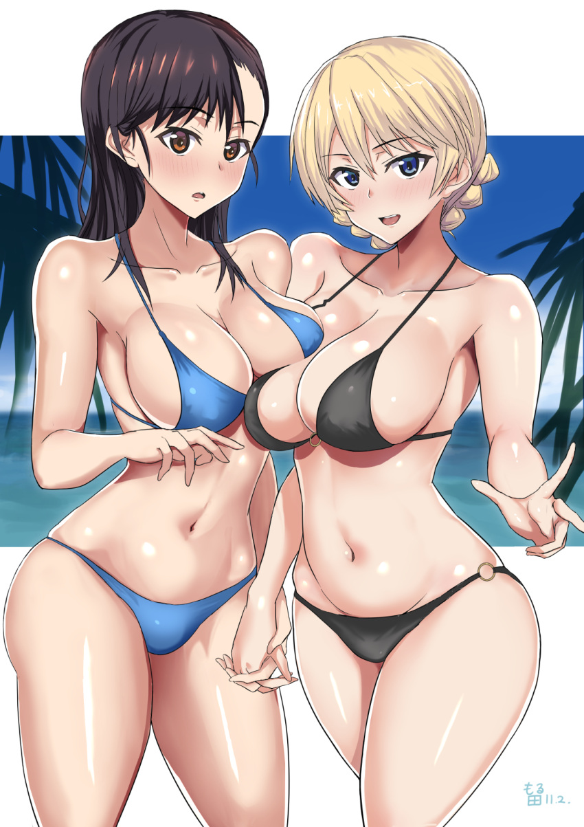 2girls bikini black_bikini black_eyes blonde_hair blue_bikini blue_eyes braid breasts brown_eyes cowboy_shot darjeeling girls_und_panzer hand_holding highres large_breasts long_hair looking_at_viewer mordeth multiple_girls navel nishi_kinuyo o-ring_bikini o-ring_bottom open_mouth smile swimsuit tied_hair twin_braids wide_hips