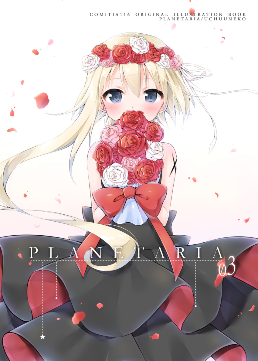 1girl bangs bare_shoulders black_dress blonde_hair blue_eyes blush bouquet bow commentary_request cover cover_page covered_mouth doujin_cover dress eyebrows_visible_through_hair flower flower_wreath hair_between_eyes hair_ribbon highres holding holding_bouquet layered_dress long_hair looking_at_viewer original petals pink_rose red_bow red_rose ribbon rose rose_petals simple_background sleeveless sleeveless_dress solo tia-chan uchuuneko very_long_hair white_background white_ribbon white_rose
