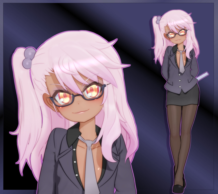 &gt;:) 1girl alternate_costume arms_behind_back bespectacled black-framed_eyewear black_footwear black_legwear black_skirt blush chloe_von_einzbern closed_mouth collarbone dark_skin fate/kaleid_liner_prisma_illya fate_(series) flat_chest full_body glasses grey_neckwear gs-mantis hair_bobbles hair_ornament lips long_hair long_sleeves looking_at_viewer multicolored multicolored_nail_polish nail_polish naughty_face necktie no_bra outline pantyhose partially_unbuttoned pencil_skirt pink_hair purple_background ruler shoes skirt solo standing two-tone_background upper_body yellow_eyes zoom_layer