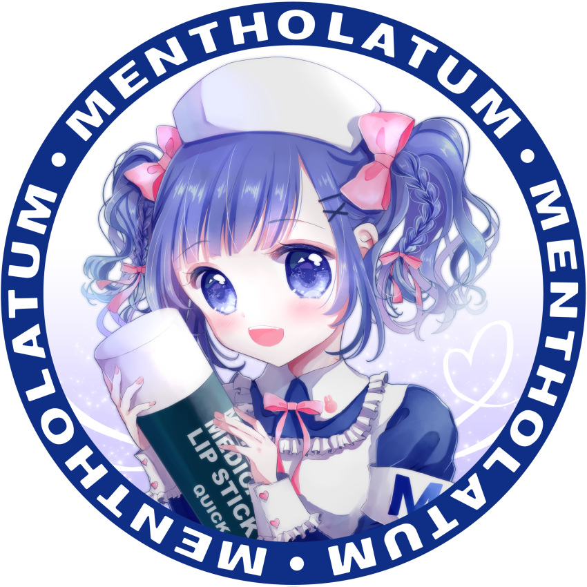 1girl :d absurdres armband blue_eyes blue_hair blush braid copyright_name english highres lipstick looking_at_viewer makeup medium_hair mentholatum mentholatum_girl nail_polish nurse open_mouth pink_nails rabbitruu short_hair short_twintails smile solo twintails two_side_up upper_body