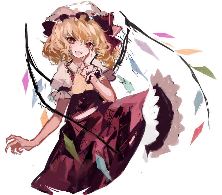 1girl absurdres ascot bare_arms big_hair blonde_hair fangs flandre_scarlet hat highres kanekiru looking_at_viewer mob_cap open_mouth puffy_short_sleeves puffy_sleeves red_eyes red_ribbon red_skirt ribbon short_sleeves simple_background sketch skirt skirt_set solo touhou unfinished vest white_background white_hat wings