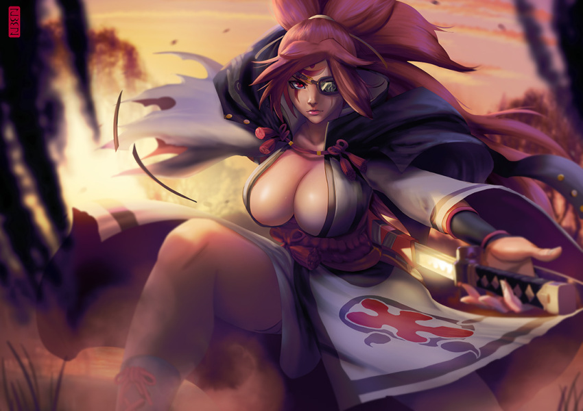 1girl amputee baiken breasts cleavage commentary eyepatch facing_viewer fighting_stance guilty_gear guilty_gear_xrd japanese_clothes katana kimono large_breasts long_hair one-eyed one_knee open_clothes open_kimono pink_eyes pink_hair ponytail reverse_grip ruben_de_vela scabbard scar scar_across_eye serious sheath solo sword unsheathing weapon