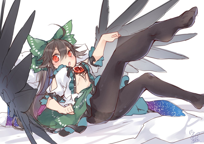 1girl ahoge bed black_legwear black_wings blush body_markings bow breasts brown_hair cape frilled_skirt frilled_sleeves frills green_skirt hair_bow large_wings legs long_hair looking_at_viewer lying medium_breasts navel on_back open_clothes open_mouth open_shirt pantyhose pantyhose_tug pillow_support red_eyes reiuji_utsuho shiny shiny_clothes shirt short_sleeves signature sketch skirt solo space thighband_pantyhose thighs third_eye toes touhou toutenkou very_long_hair waist wings