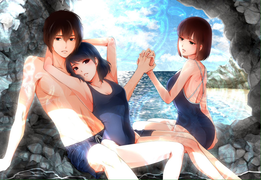 1boy 2girls arm_support ass beach blue_hair brown_hair competition_school_swimsuit covered_navel domestic_na_kanojo fujii_natsuo hand_holding hetero hug male_swimwear multiple_girls navel new_school_swimsuit one-piece_swimsuit parted_lips rock sasuga_kei school_swimsuit shirtless short_hair sitting swim_trunks swimsuit swimwear tachibana_rui water