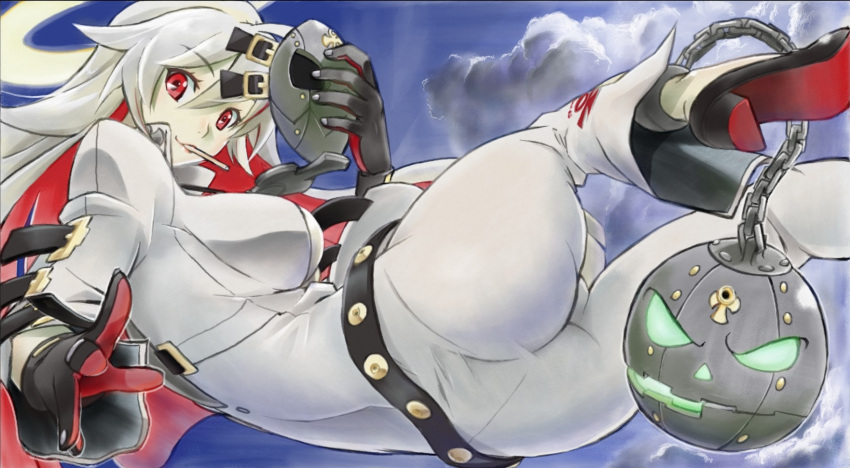 1girl ass ball_and_chain_restraint belt black_gloves bodysuit breasts candy falling food gloves guilty_gear guilty_gear_xrd halo hanabusa_(pixiv28207904) highres jack-o_(guilty_gear) large_breasts lollipop long_hair looking_at_viewer looking_back mask mask_removed multicolored_hair pantylines red_eyes redhead silver_hair solo two-tone_hair