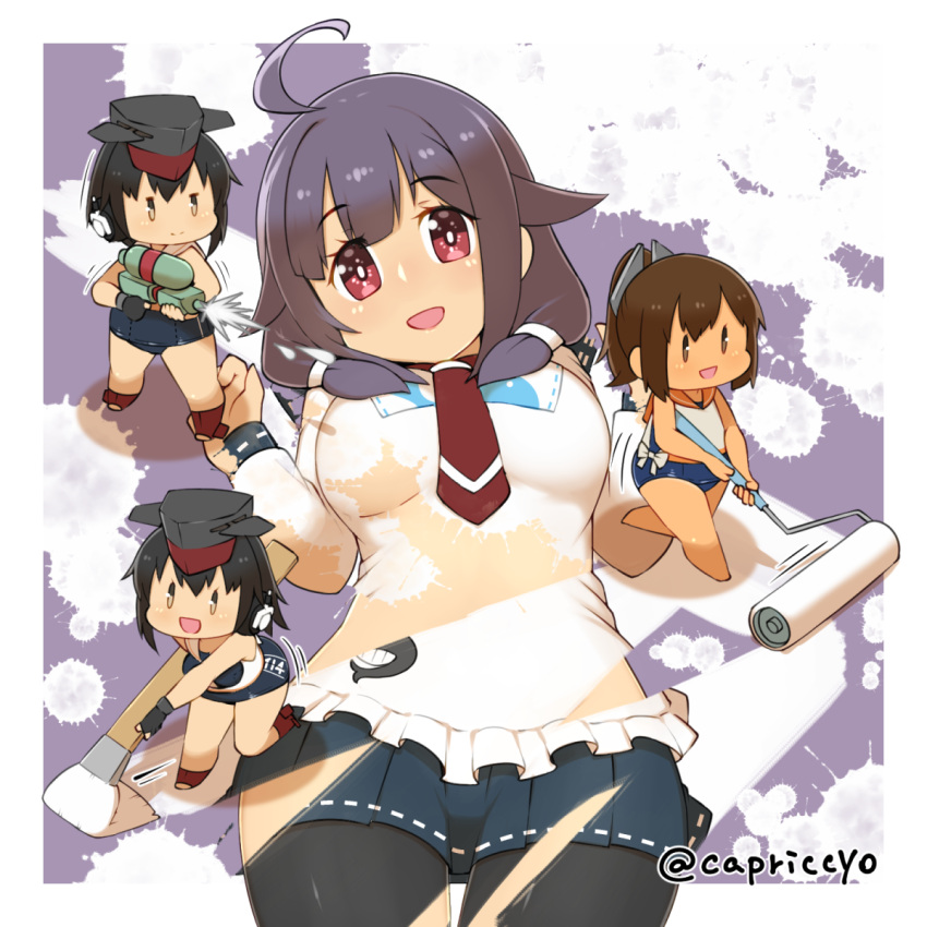 4girls asymmetrical_hair black_hair black_legwear blue_skirt brown_eyes brown_hair capriccyo chibi framed_breasts gloves hair_between_eyes hair_flaps hair_ornament hairclip headphones highres i-13_(kantai_collection) i-14_(kantai_collection) i-401_(kantai_collection) kantai_collection low_twintails magatama multiple_girls orange_sailor_collar paint_roller paintbrush pantyhose partly_fingerless_gloves pleated_skirt ponytail purple_hair red_eyes red_neckwear sailor_collar sailor_shirt school_swimsuit shirt short_hair short_ponytail single_glove skirt solo_focus swimsuit swimsuit_under_clothes taigei_(kantai_collection) twintails water_gun whale