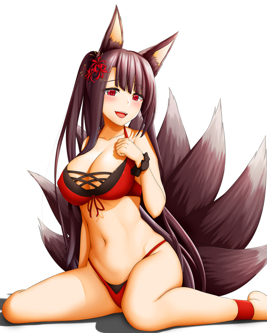 1girl abukobato akagi_(azur_lane) animal_ears ankleband azur_lane black_hair bra breasts cleavage collarbone fox_ears full_body halterneck highres large_breasts long_hair looking_at_viewer navel ponytail red_bra red_eyes simple_background skindentation solo swimsuit underwear white_background wristband