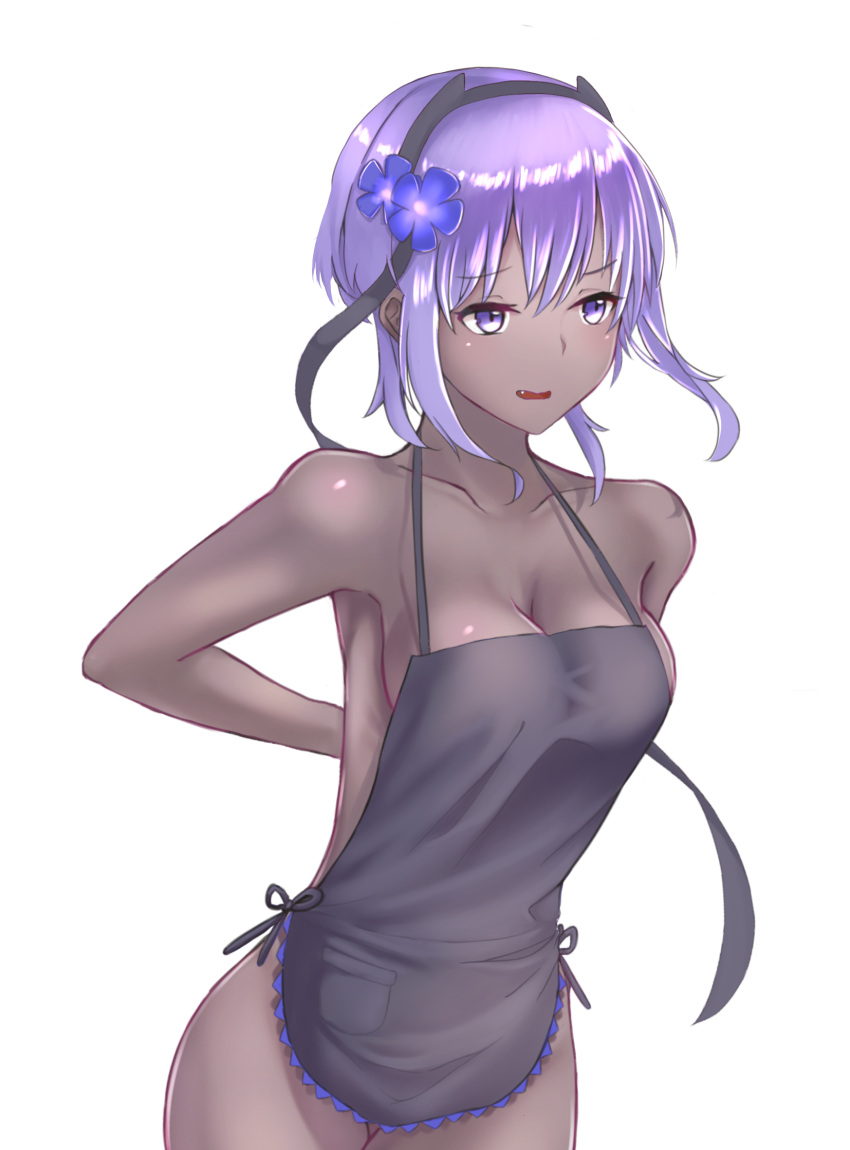 1girl apron assassin_(fate/prototype_fragments) breasts cleavage dark_skin fang fate/grand_order fate_(series) flower hair_flower hair_ornament hairband highres medium_breasts naked_apron open_mouth pleasure_mussel purple_hair short_hair simple_background solo violet_eyes wavy_mouth white_background