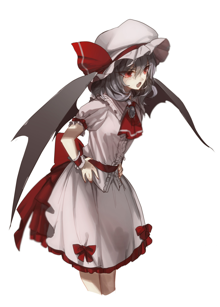 &gt;:o 1girl :o absurdres arm_garter ascot bat_wings blue_hair brooch cowboy_shot fang frilled_shirt_collar frills from_side hands_on_hips hat hat_ribbon highres jewelry leaning_forward looking_away mob_cap no-kan pink_shirt pink_skirt puffy_short_sleeves puffy_sleeves red_eyes red_ribbon remilia_scarlet ribbon sash shirt short_sleeves skirt skirt_set solo touhou white_background wings wrist_cuffs