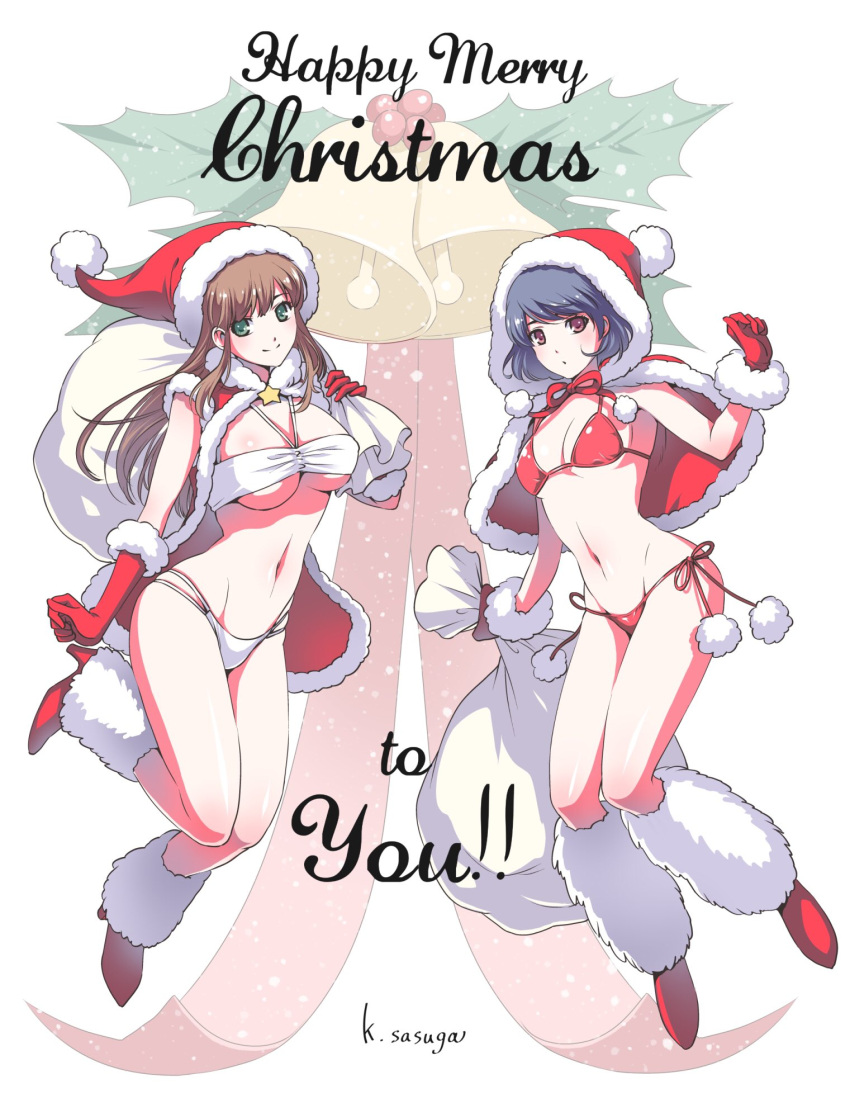 2girls artist_name bandeau bell bikini blush breasts brown_hair cape capelet christmas cleavage domestic_na_kanojo fur-trimmed_gloves fur_trim gloves green_eyes hat high_heels highres holly jpeg_artifacts large_breasts leg_warmers light_smile medium_breasts merry_christmas multi-strapped_bikini multiple_girls navel red_bikini red_cape red_eyes red_footwear red_gloves red_hood santa_hat sasuga_kei siblings signature simple_background sisters swimsuit tachibana_hina tachibana_rui under_boob white_background white_bikini
