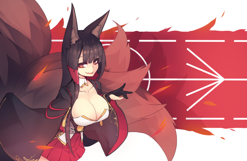 1girl akagi_(azur_lane) animal_ears azur_lane bangs black_gloves blunt_bangs breasts cleavage detached_sleeves eyebrows_visible_through_hair fang fox_ears fox_tail gloves highres large_breasts long_sleeves looking_at_viewer multiple_tails parted_lips pleated_skirt red_eyes red_skirt skirt smile solo standing sub-res tail wide_sleeves