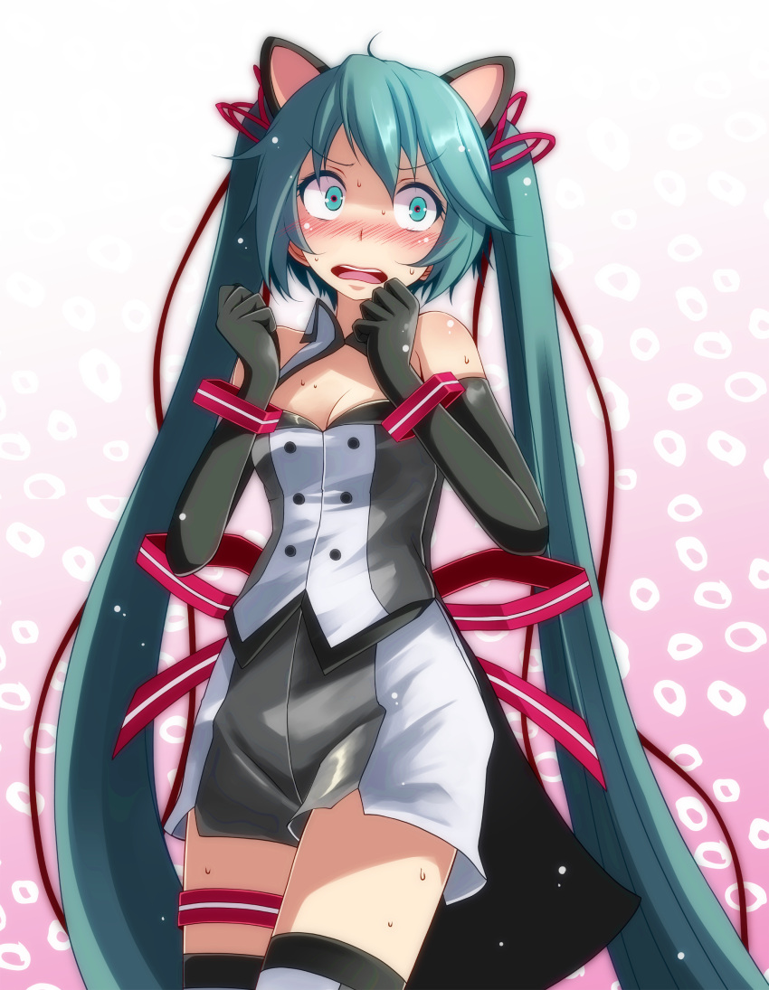 1girl absurdres animal_ears aqua_eyes aqua_hair bare_shoulders black_legwear blush bracelet breasts cat_ears cleavage cowboy_shot double-breasted elbow_gloves gloves gradient gradient_background hair_ribbon hatsune_miku highres jewelry kemonomimi_mode long_hair looking_at_viewer nijigen_dream_fever_(vocaloid) nose_blush open_mouth pink_background project_diva_(series) red_ribbon ribbon round_teeth sanpaku shorts sleeveless small_breasts solo standing surprised sweat tareme teeth thigh_strap tsukishiro_saika twintails very_long_hair vest vocaloid wavy_mouth