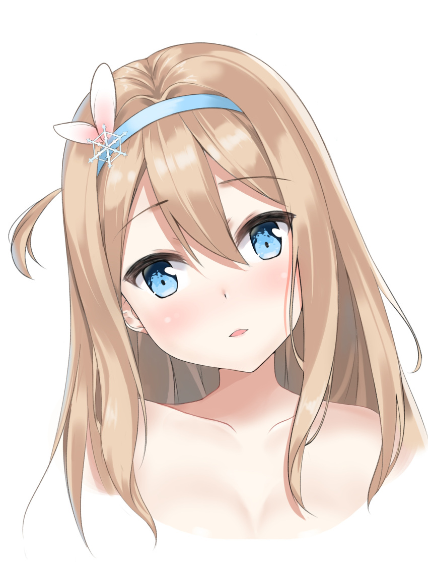 1girl absurdres blue_eyes blue_hairband blush breasts collarbone eyebrows_visible_through_hair girls_frontline hair_between_eyes hair_ornament hairband head_tilt highres long_hair looking_at_viewer nude nyanyang one_side_up parted_lips small_breasts snowflake_hair_ornament solo suomi_kp31_(girls_frontline) upper_body