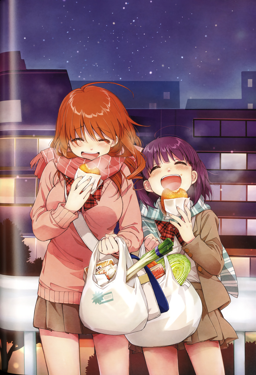 :d ahoge bag binding_discoloration black_sky blue_scarf blush bow breasts brown_hair brown_jacket brown_skirt city closed_eyes facing_viewer food furrowed_eyebrows groceries grocery_bag highres holding holding_bag holding_food jacket kawai_makoto koufuku_graffiti large_breasts long_sleeves machiko_ryou morino_kirin night night_sky open_clothes open_jacket open_mouth outdoors pink_scarf pink_sweater plaid plaid_bow plaid_neckwear pleated_skirt red_bow red_neckwear scarf shiny shiny_hair shirt shirt_under_jacket shopping_bag skirt sky smile spring_onion standing star_(sky) starry_sky striped striped_scarf sweater white_shirt wrapper