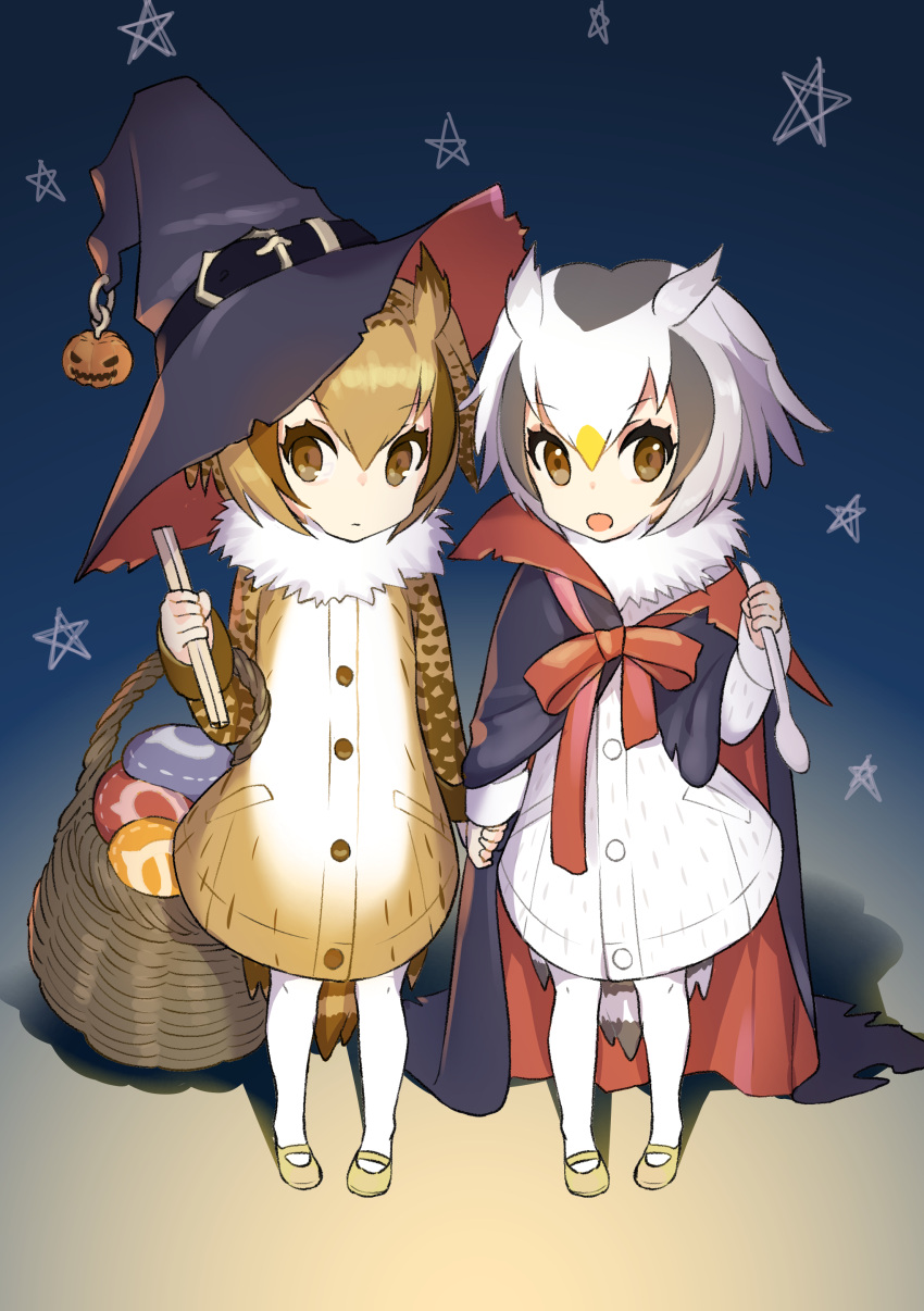 2girls absurdres basket blue_background brown_coat brown_eyes brown_hair buttons cape chopsticks coat commentary_request eurasian_eagle_owl_(kemono_friends) food from_above fur_collar grey_hair hair_between_eyes halloween halloween_costume hand_holding hat head_wings highres holding holding_chopsticks holding_spoon jack-o'-lantern japari_bun kemono_friends long_sleeves multicolored_hair multiple_girls northern_white-faced_owl_(kemono_friends) omucchan_(omutyuan) open_mouth oversized_clothes pumpkin red_ribbon ribbon short_hair spoon white_coat white_hair witch_hat