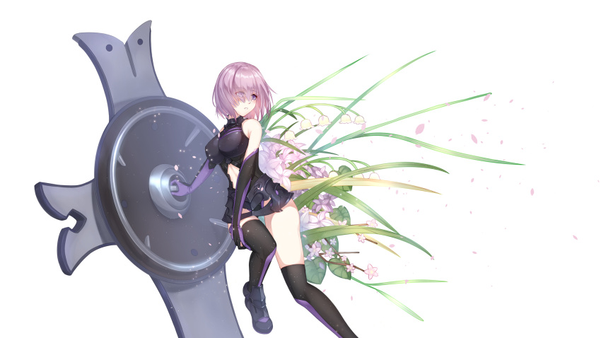 1girl armor armored_boots black_footwear black_gloves black_legwear black_leotard boots cutout elbow_gloves eyes_visible_through_hair fate/grand_order fate_(series) gloves hair_between_eyes hair_over_one_eye highres holding_shield leotard midriff nichts_(nil) one_leg_raised petals purple_hair shield shielder_(fate/grand_order) short_hair simple_background sleeveless solo stomach thigh-highs thigh_boots violet_eyes white_background white_flower