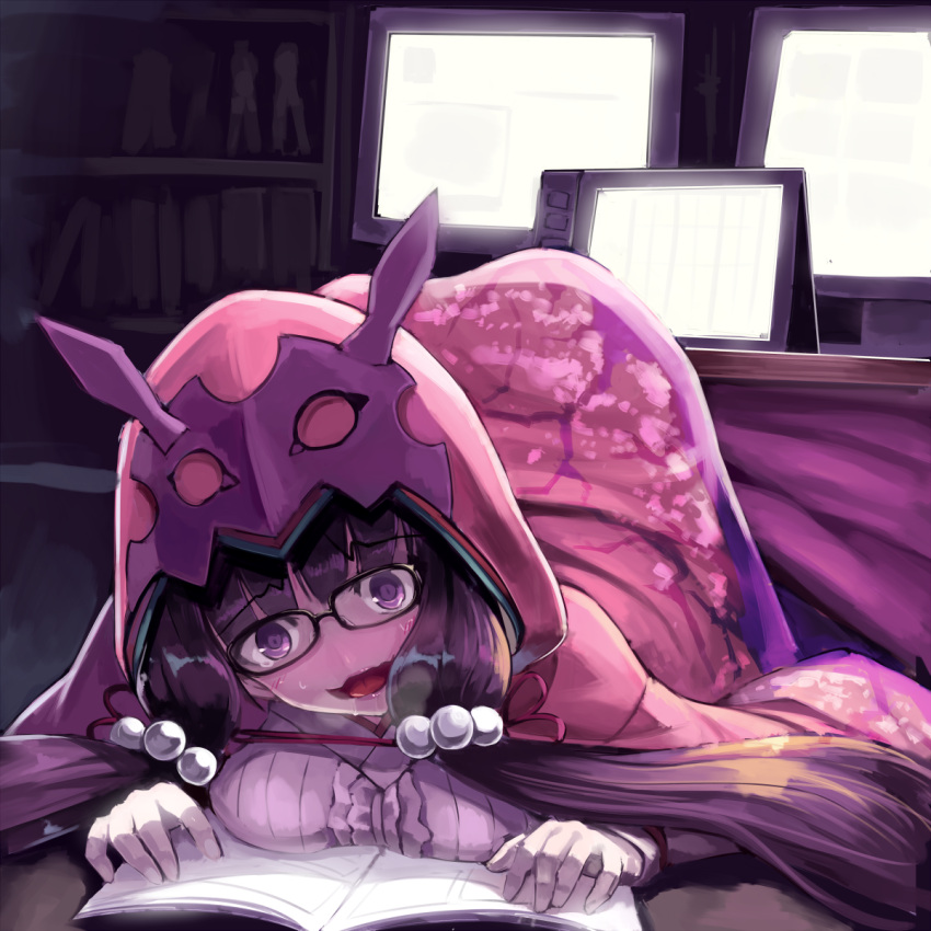 1girl black_hair blush bookshelf breast_press commentary_request constricted_pupils fate/grand_order fate_(series) glasses heavy_breathing highres hood kotatsu long_hair low_twintails manga_(object) monitor open_mouth osakabe-hime_(fate/grand_order) reading saliva solo sue_(bg-bros) table tablet top-down_bottom-up twintails under_kotatsu under_table violet_eyes