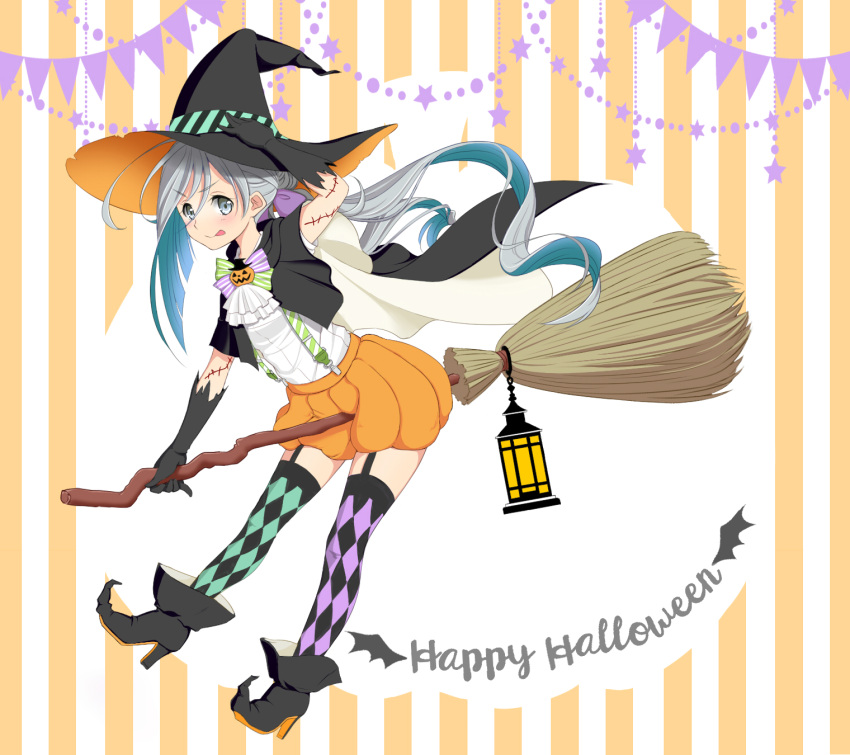 1girl :q adjusting_hair alternate_costume ascot black_gloves broom broom_riding checkered checkered_legwear garter_straps gloves grey_eyes halloween happy_halloween hat high_heels highres kantai_collection kiyoshimo_(kantai_collection) long_hair looking_at_viewer low_twintails pumpkin_pants sakuharu silver_hair smile solo suspenders tongue tongue_out twintails witch witch_hat