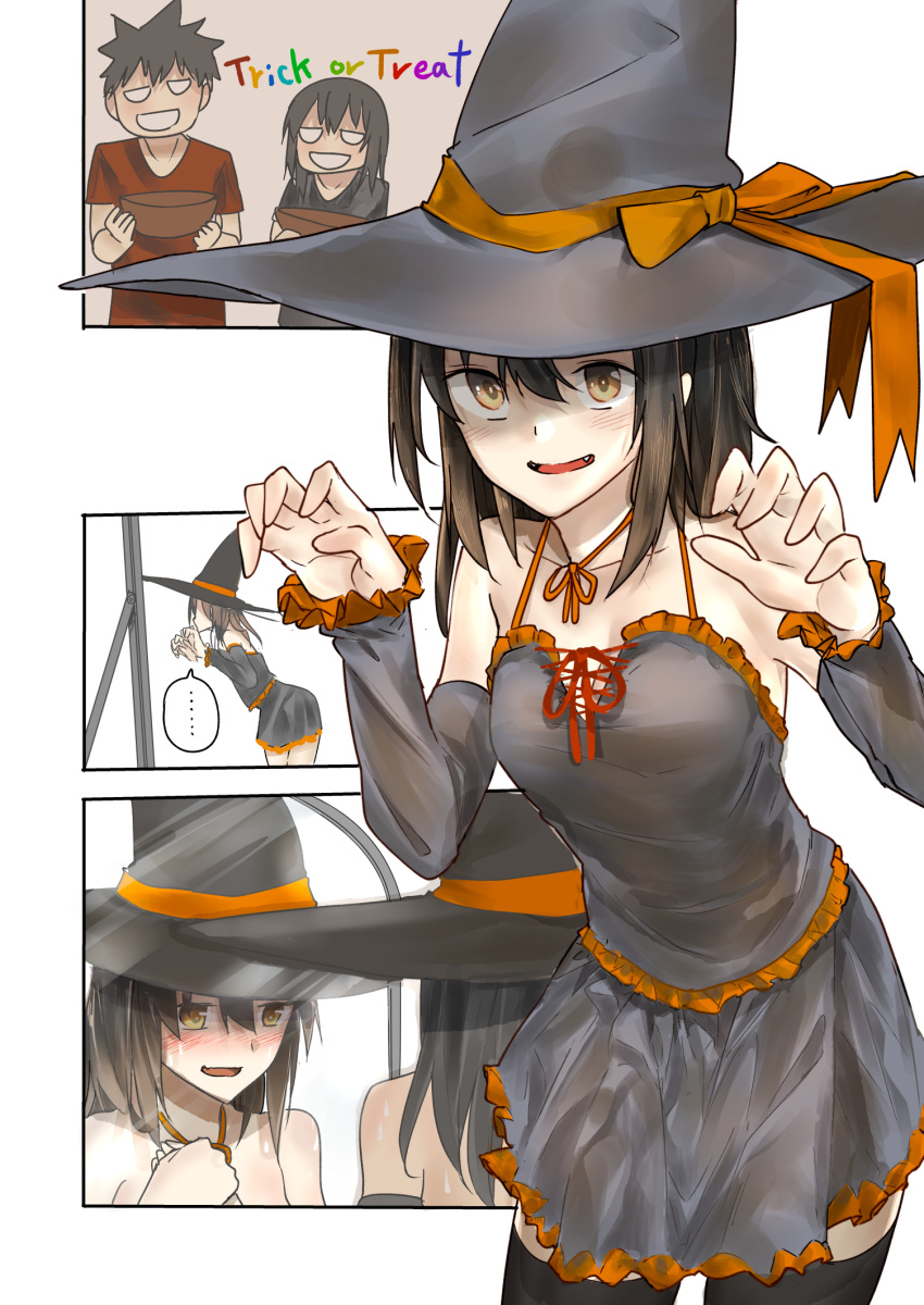 ... 1boy 1girl araido_kagiri blush bowl collarbone comic detached_sleeves embarrassed fang flashback halloween hat highres mirror original paw_pose ribbon short_hair silent_comic skirt sleeveless solo thigh-highs trick_or_treat witch_hat yellow_eyes zettai_ryouiki