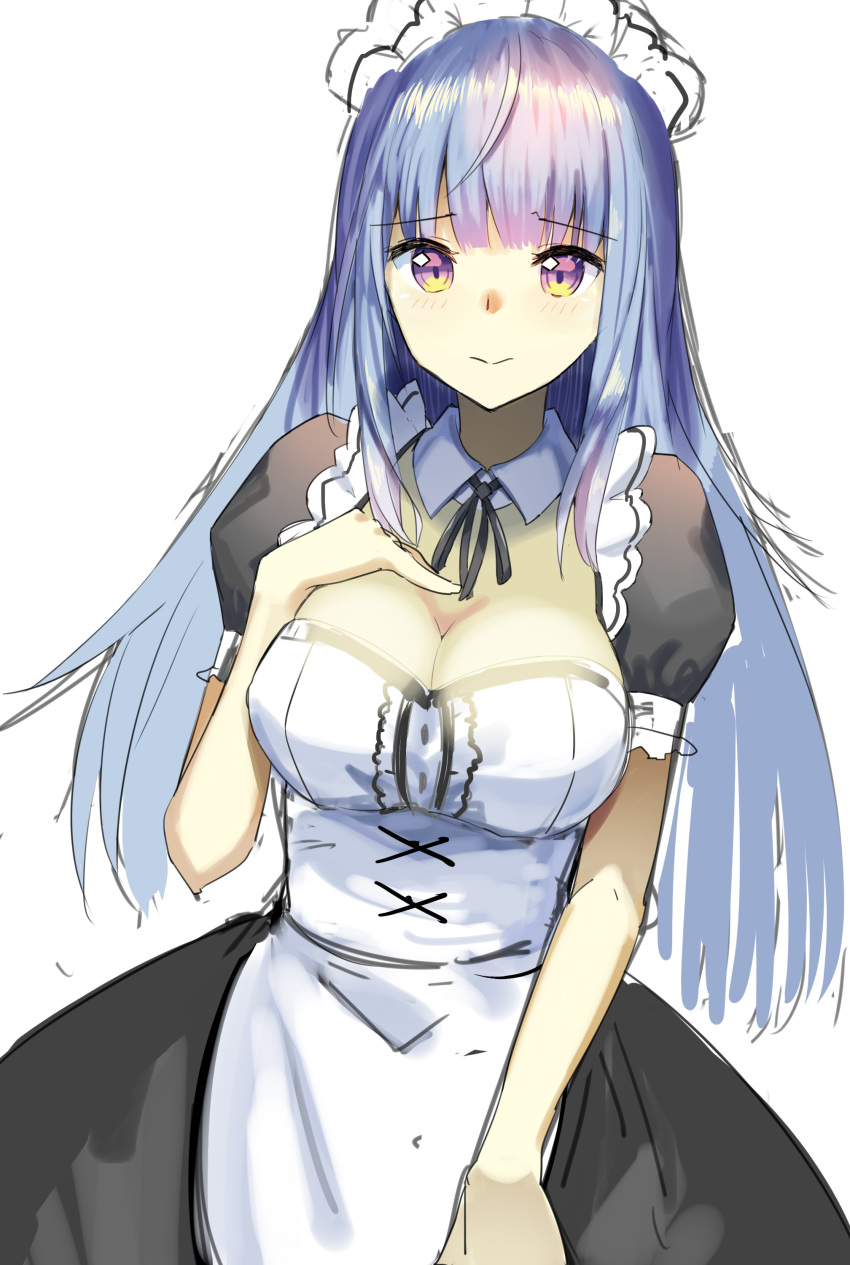 1girl absurdres apron aquna bangs black_neckwear black_ribbon blue_hair blunt_bangs breasts cleavage closed_mouth detached_collar eyebrows_visible_through_hair hand_on_own_chest highres large_breasts long_hair looking_at_viewer maid maid_apron maid_headdress multicolored multicolored_eyes neck_ribbon original puffy_short_sleeves puffy_sleeves ribbon short_sleeves smile solo standing upper_body violet_eyes wing_collar yellow_eyes