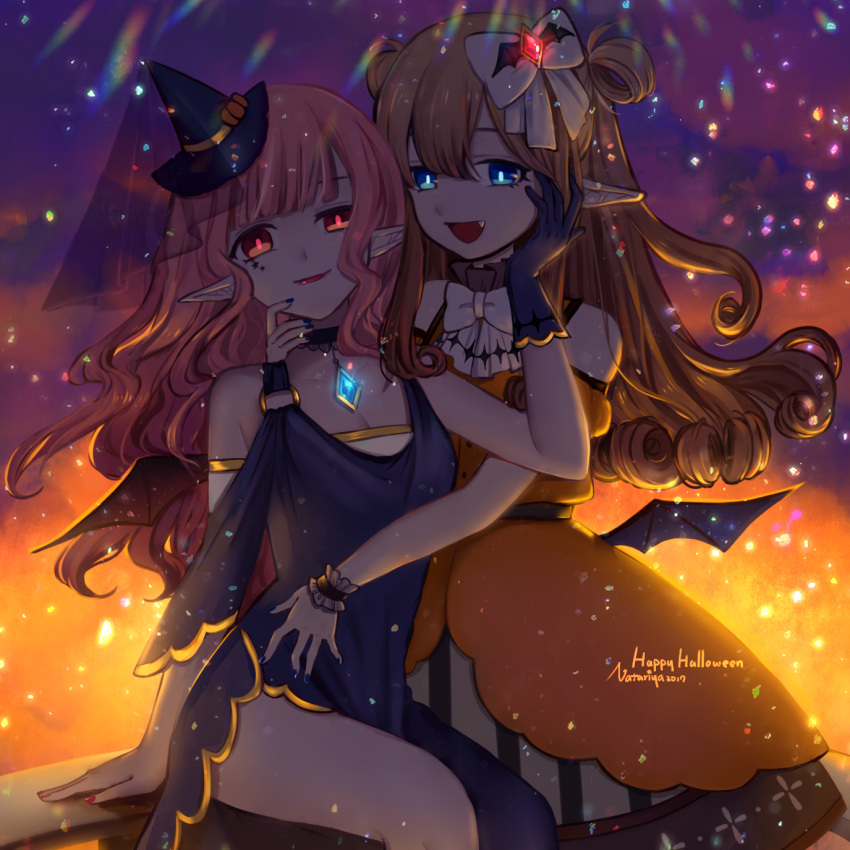2girls artist_name bat_wings black_gloves black_hair blue_eyes blue_nails bow choker dress fangs gem gloves hair_bow hair_rings halloween hand_on_another's_cheek hand_on_another's_face happy_halloween hat highres long_hair looking_at_viewer multiple_girls nail_polish natariya o-ring orange_dress original pointy_ears red_eyes red_nails sitting vampire wings witch_hat