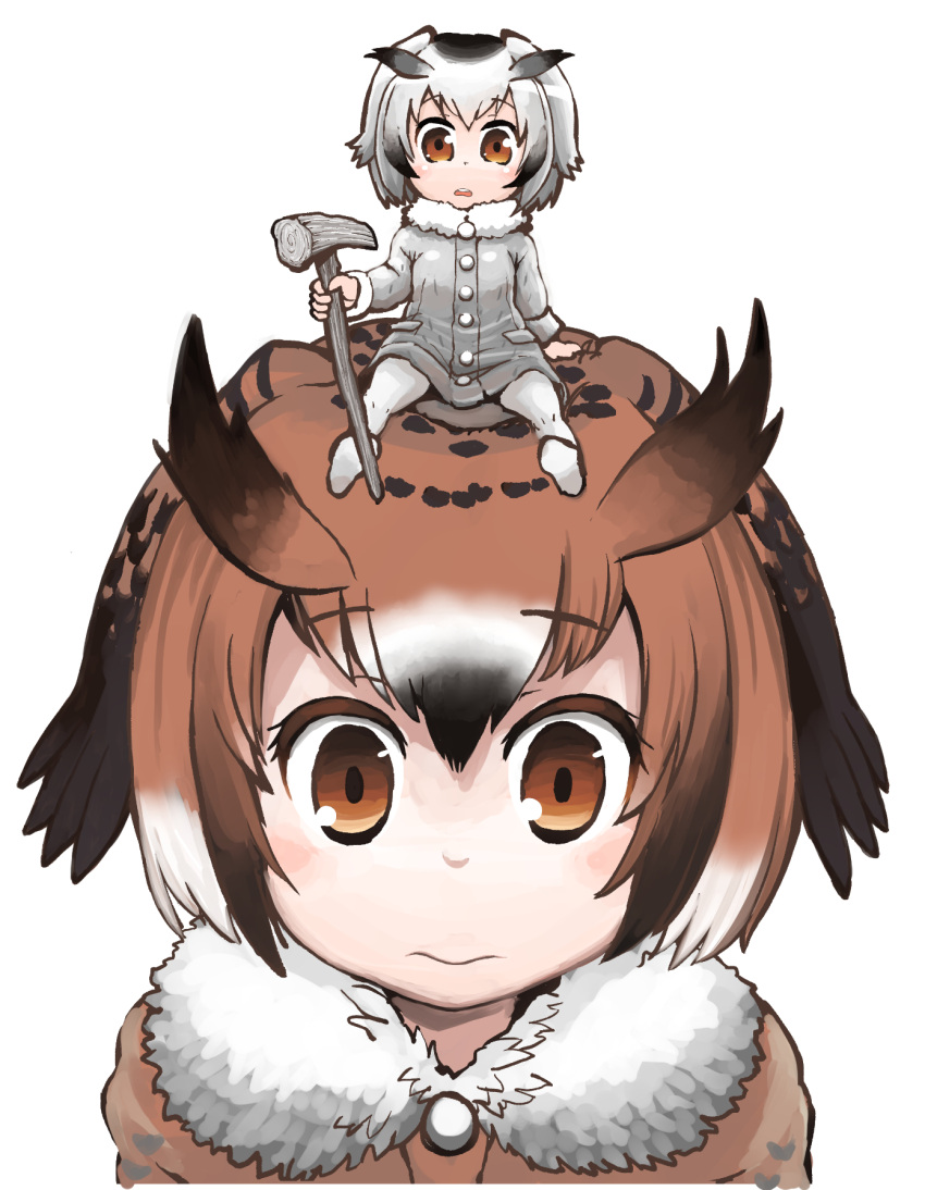 2girls black_hair brown_eyes brown_hair eurasian_eagle_owl_(kemono_friends) fur_collar hareyamaharezou highres kemono_friends looking_at_viewer multicolored_hair multiple_girls northern_white-faced_owl_(kemono_friends) on_head open_mouth person_on_head silver_hair simple_background sitting staff white_background