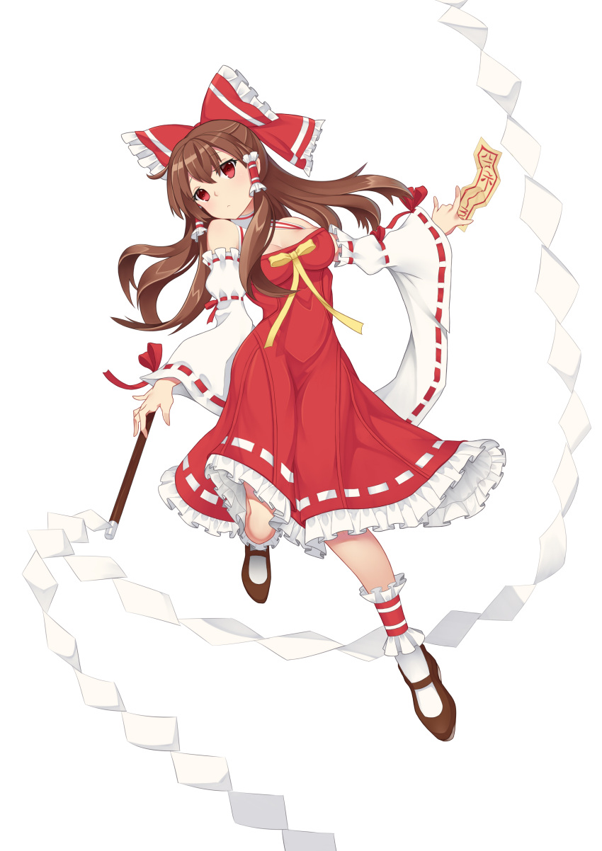 1girl absurdres bare_shoulders blush bow breasts brown_hair cleavage closed_mouth detached_sleeves eyebrows_visible_through_hair full_body hair_bow hair_tubes hakurei_reimu highres long_hair looking_at_viewer medium_breasts red_bow red_eyes socks solo touhou white_legwear xian_yu_zhanshi